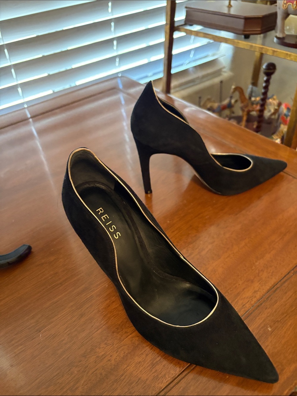 Reiss Black Suede Pointed Toe Pumps with Gold Trim